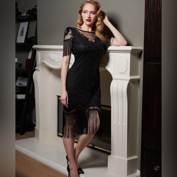 Unique Vintage Women's Beaded Fringe Sleeve
Nadine Flapper Dress Black Medium - Picture 1 of 9